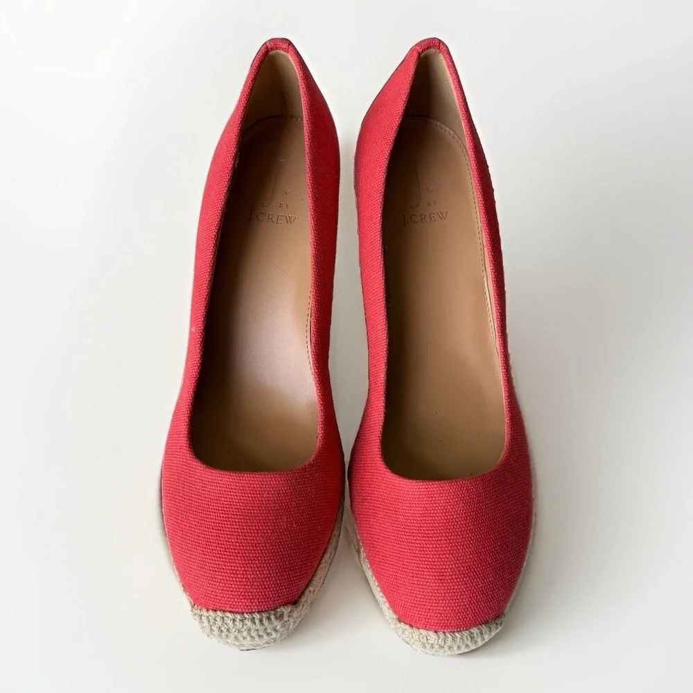 J Crew Seville Espadrille Wedges Red Canvas High Heel Pumps 8 Summer